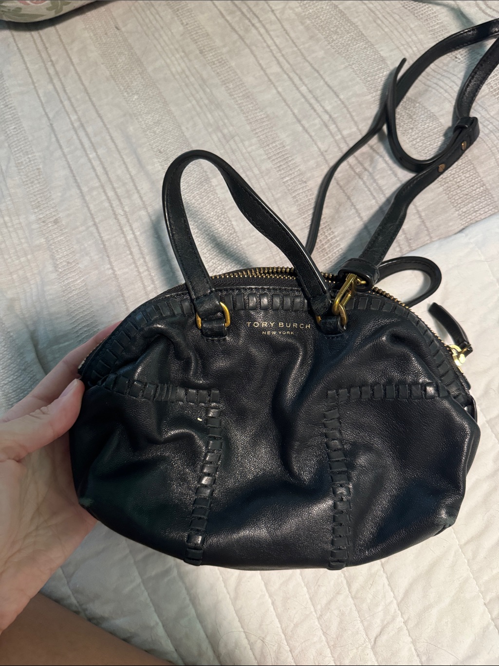 Tory Burch Black Leather Woven-Trim Crossbody Bag